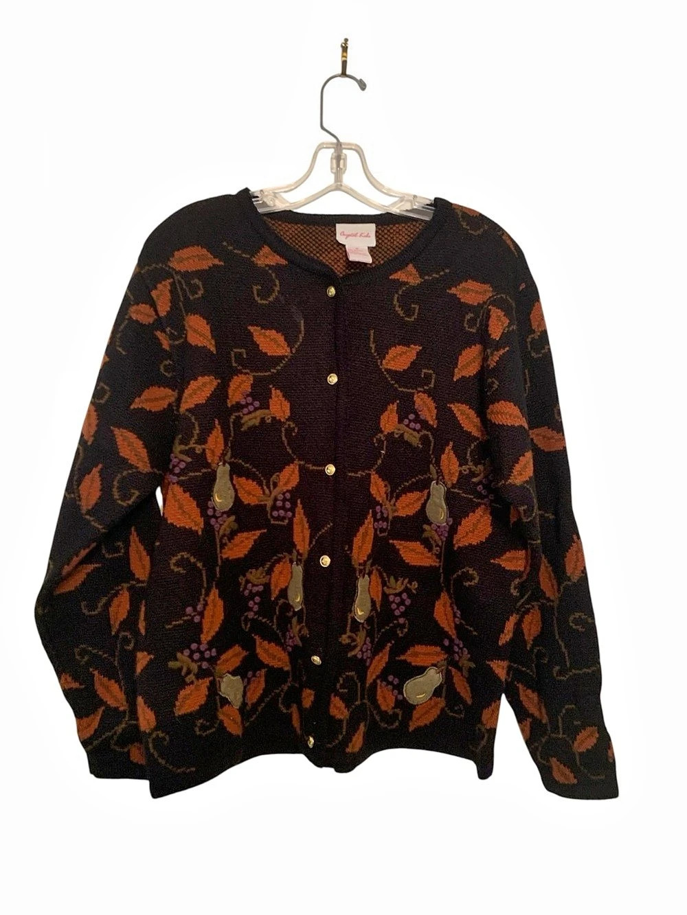 Vtg 90s Crystal Kobe Autumn Leaf Pear Cardigan Sweater Black Knit Cottagecore